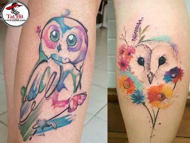 watercolor owl head tattoo
