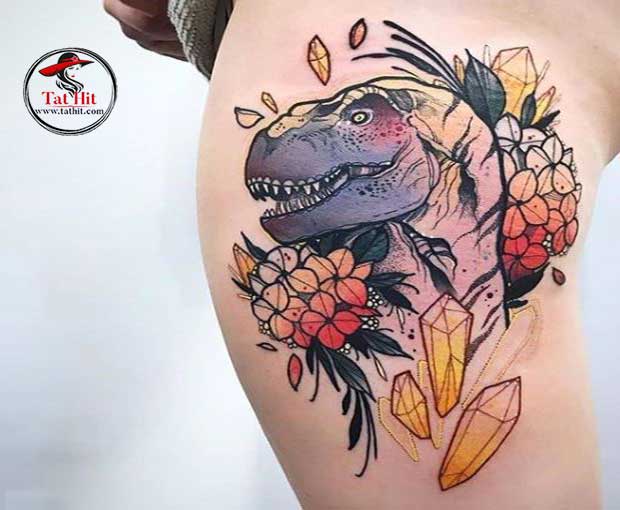 Hydrangea and dinosaur tattoo