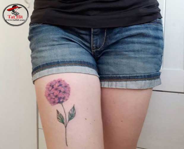 hydrangea tattoo on leg with leaves