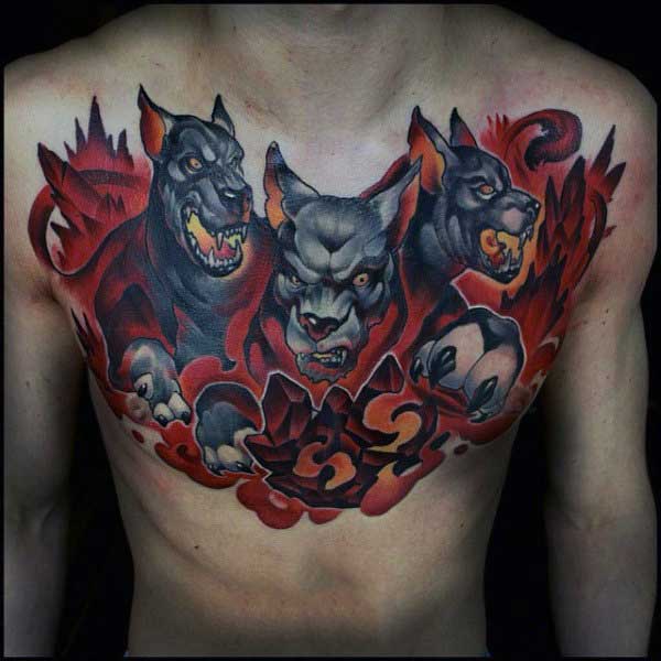 colorful cerberus tattoo on chest