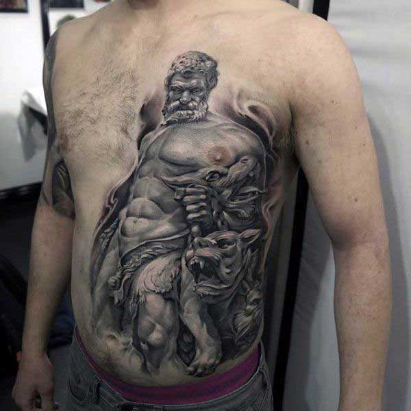 hades and cerberus tattoo on chest for men